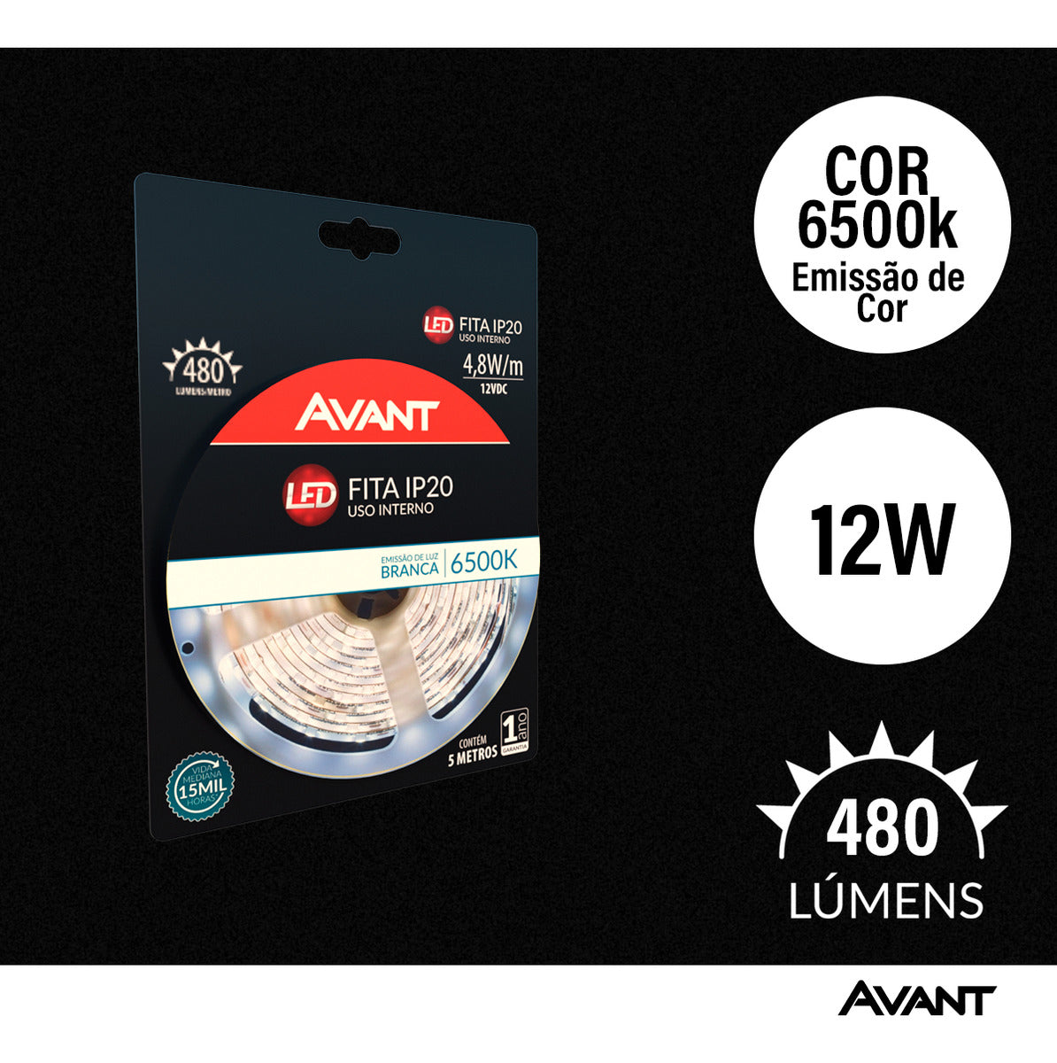 Fita Led Interna 4,8w 6500k Branco Frio 5 Metros 12v Ip20 60 Leds/m Cod: 192911333 Avant