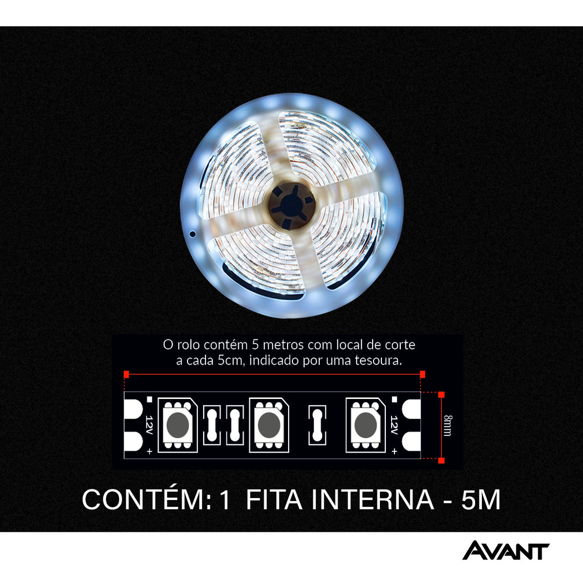 Fita Led Interna 4,8w 6500k Branco Frio 5 Metros 12v Ip20 60 Leds/m Cod: 192911333 Avant