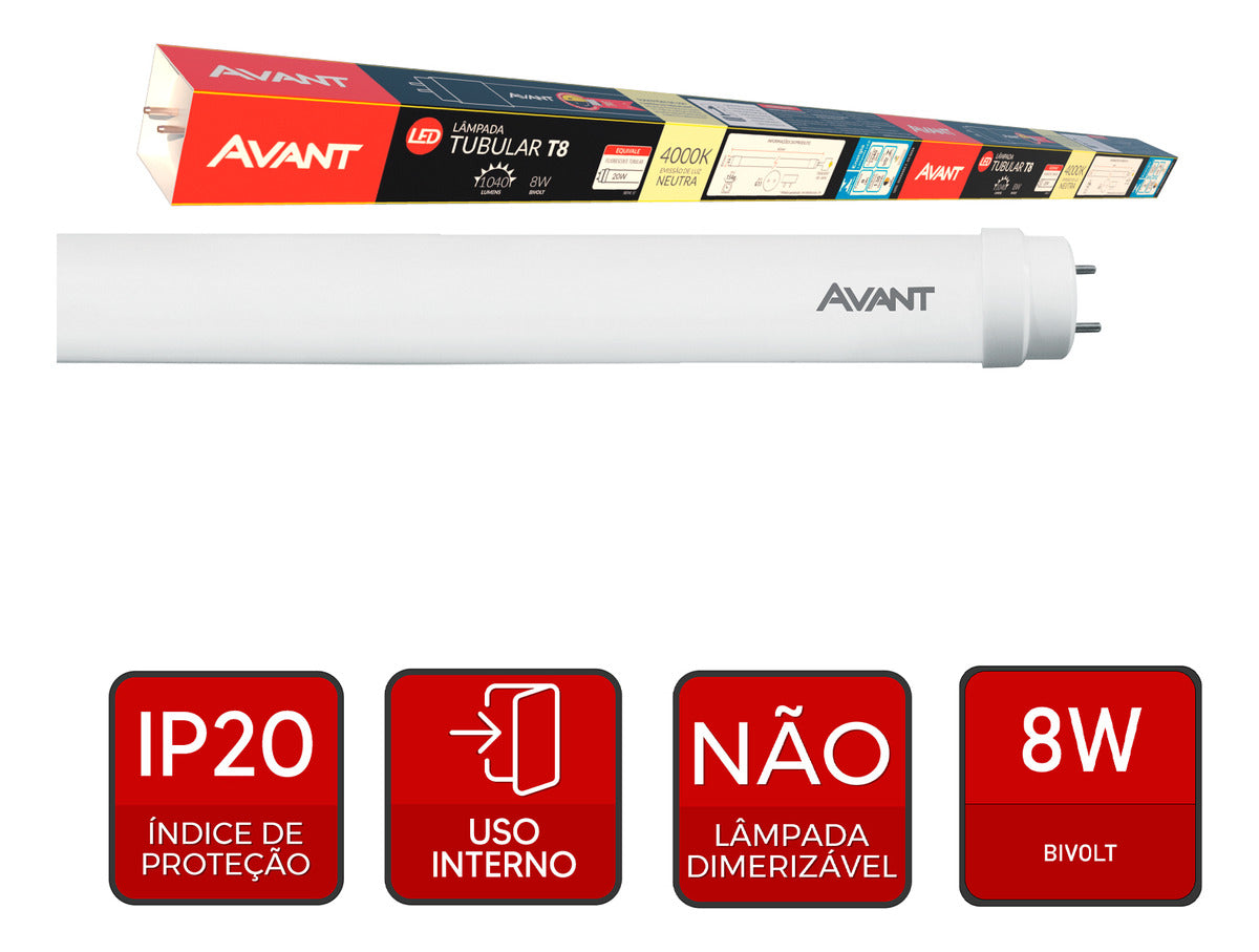 Lampada Led Tubular 8w 4000k G13 Bivolt Branco Avant