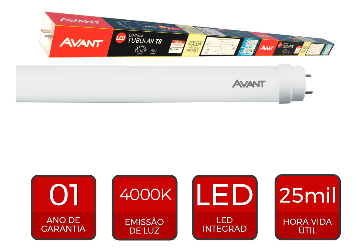 Lampada Led Tubular 8w 4000k G13 Bivolt Branco Avant