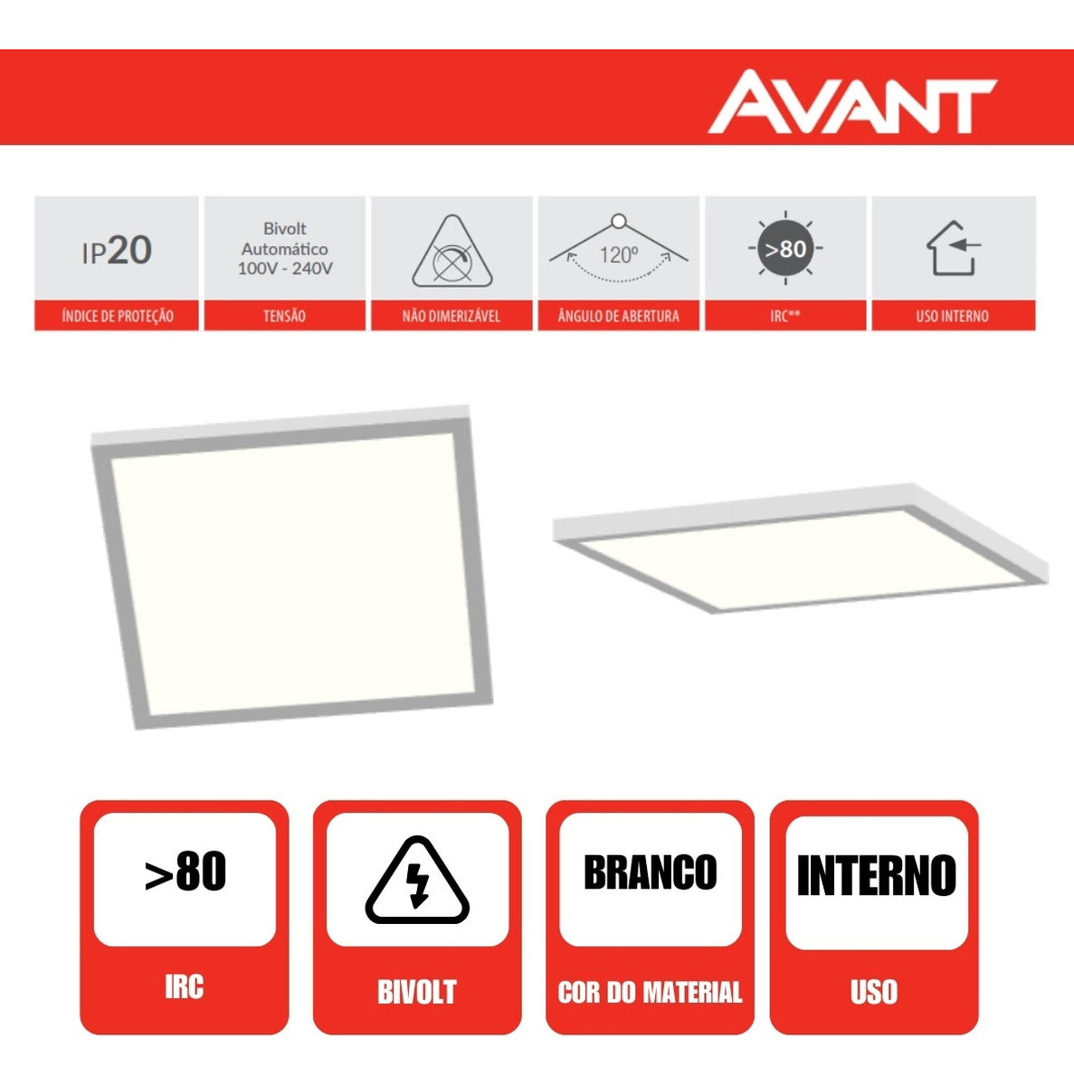 Painel Modular Sobrepor 45W 3000k Branco Quente 60cm Bivolt Branco Quadrado Avant