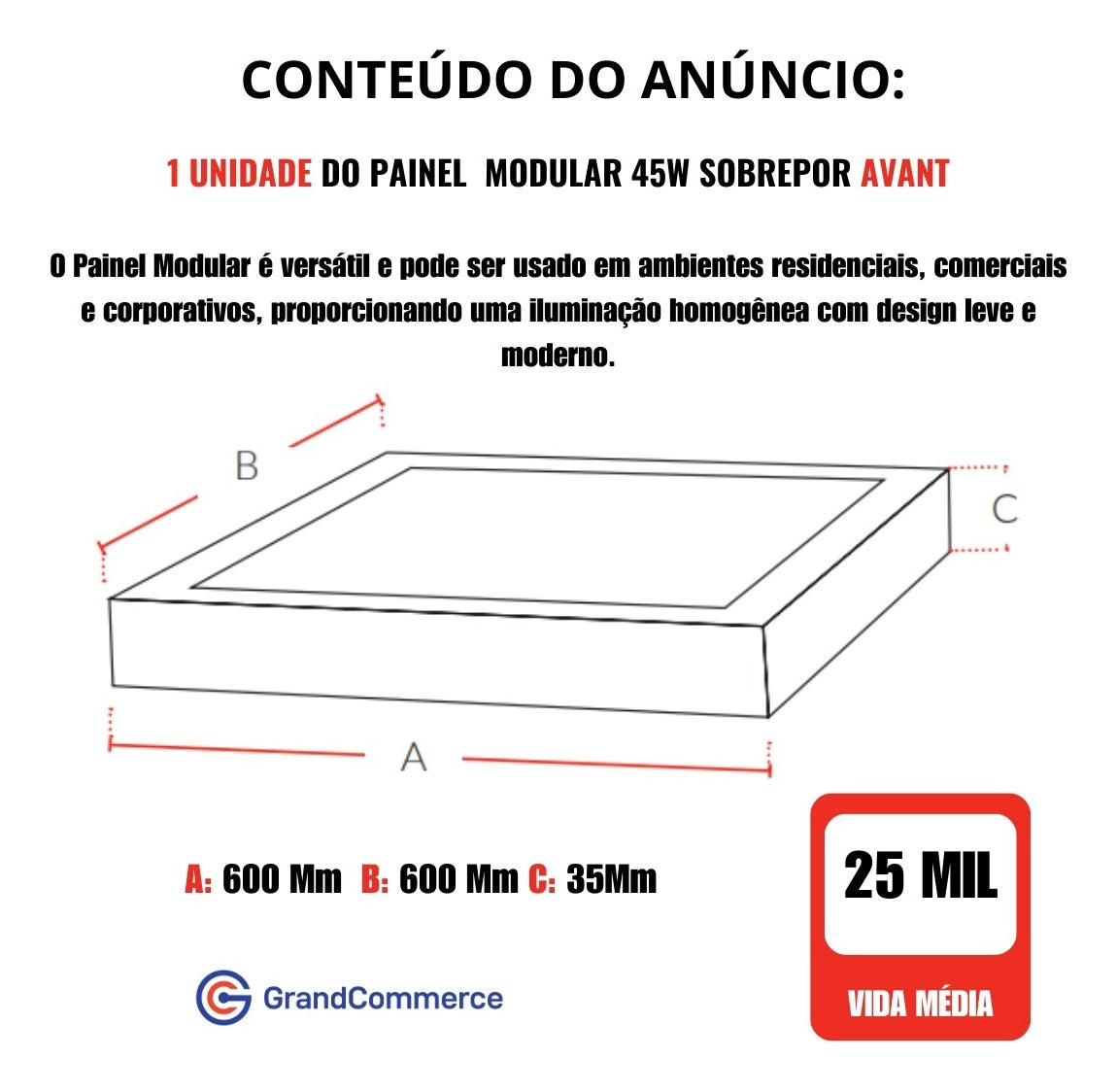 Painel Modular Sobrepor 45W 3000k Branco Quente 60cm Bivolt Branco Quadrado Avant
