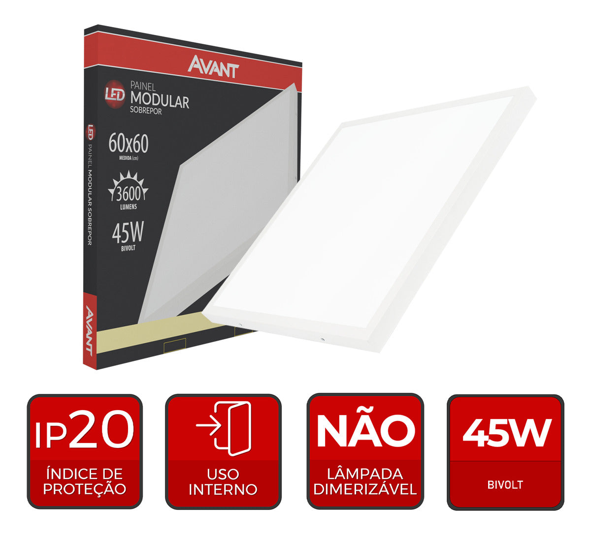 Painel Modular Sobrepor 45W 4000k Branco Neutro 60cm Bivolt Quadrado Avant