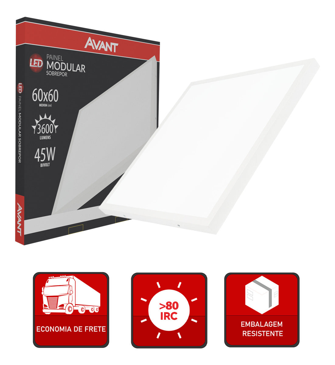 Painel Modular Sobrepor 45W 6500k Branco Frio 60cm Bivolt Quadrado Avant