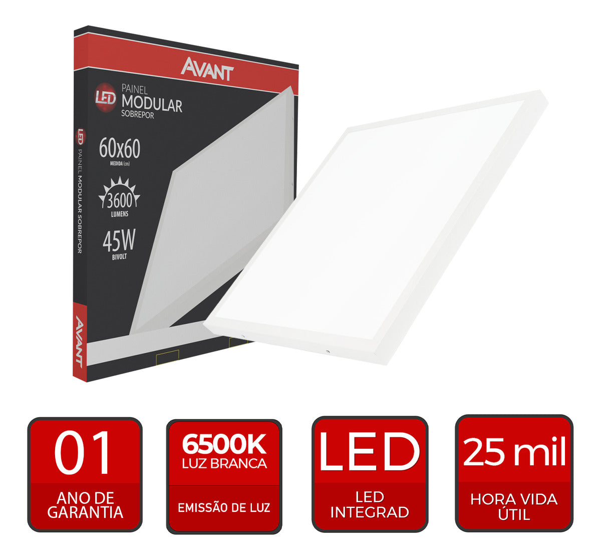 Painel Modular Sobrepor 45W 6500k Branco Frio 60cm Bivolt Quadrado Avant