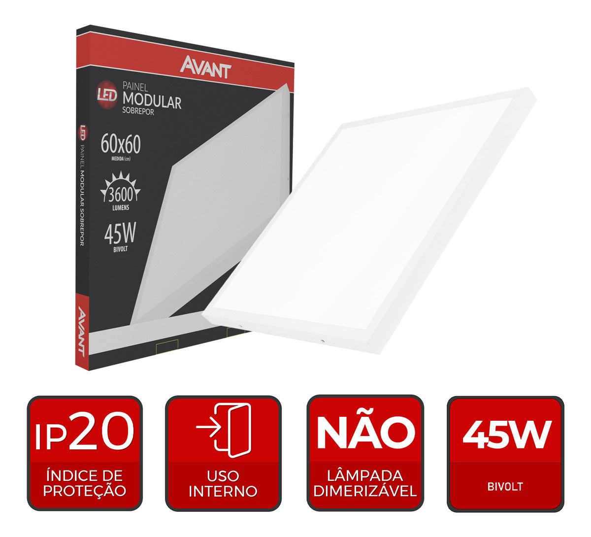 Painel Modular Sobrepor 45W 6500k Branco Frio 60cm Bivolt Quadrado Avant