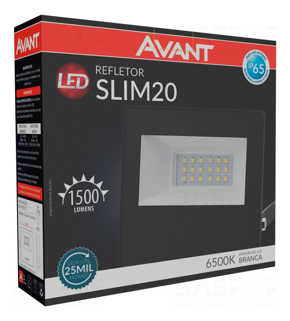 Refletor Slim 20W 6500k Branco Frio Bivolt IP66 Preto Avant