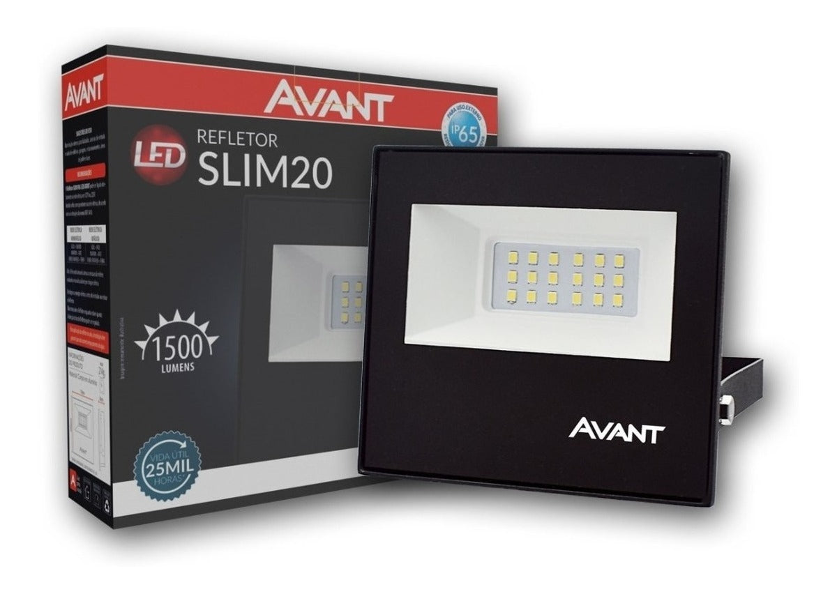 Refletor Slim 20W 6500k Branco Frio Bivolt IP66 Preto Avant