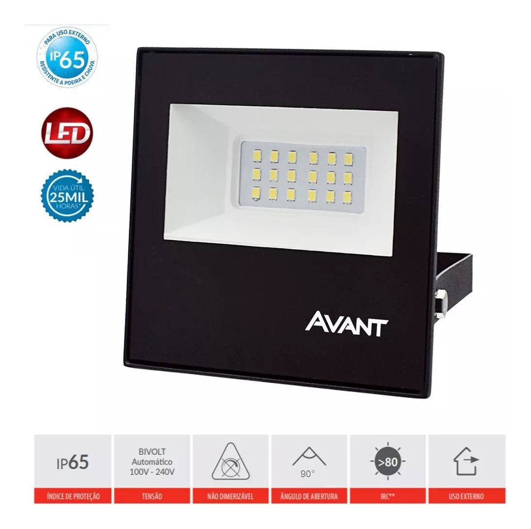 Refletor Slim 20W 6500k Branco Frio Bivolt IP66 Preto Avant