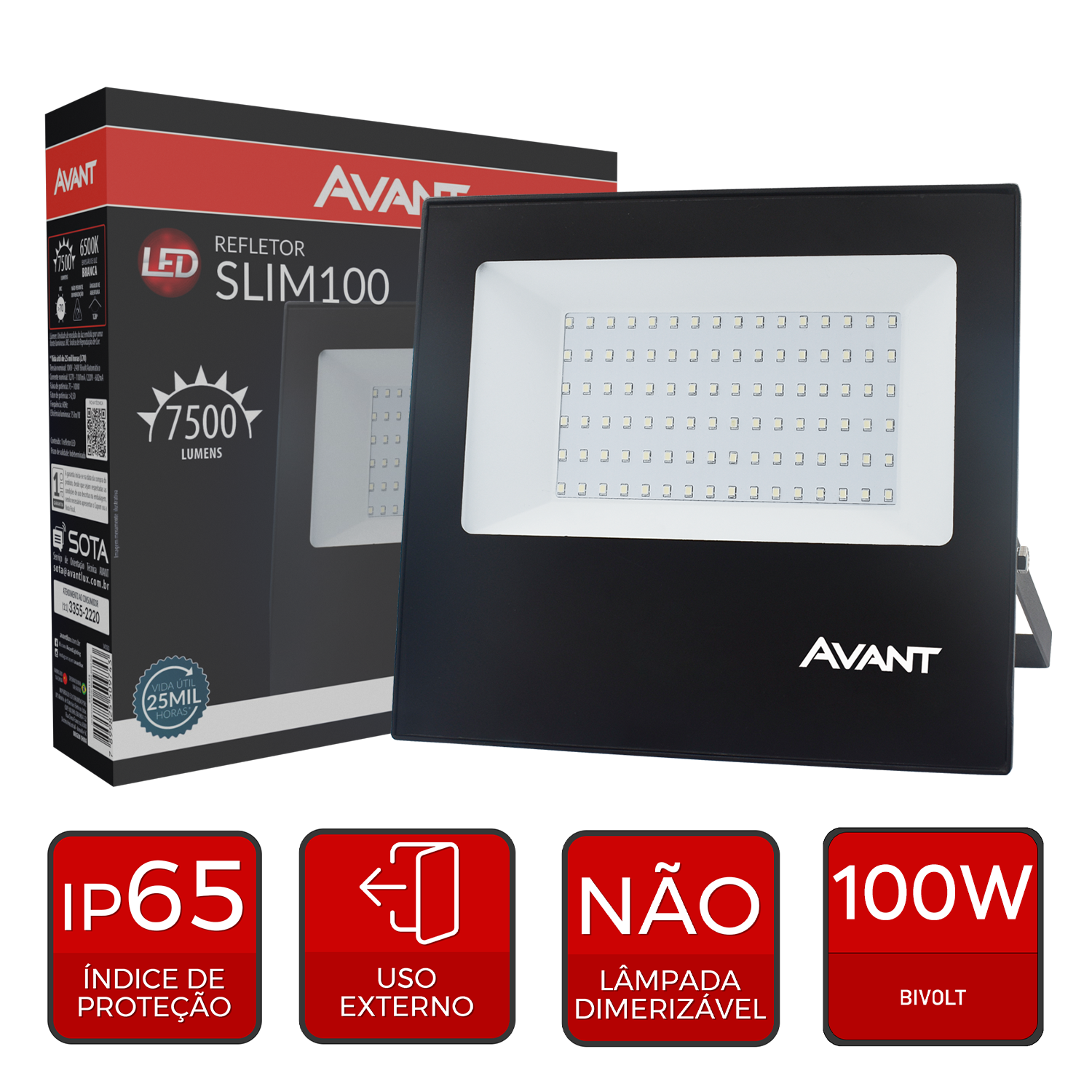 Refletor Led Slim 100w 6500k Branco Frio Bivolt IP66 Preto Avant
