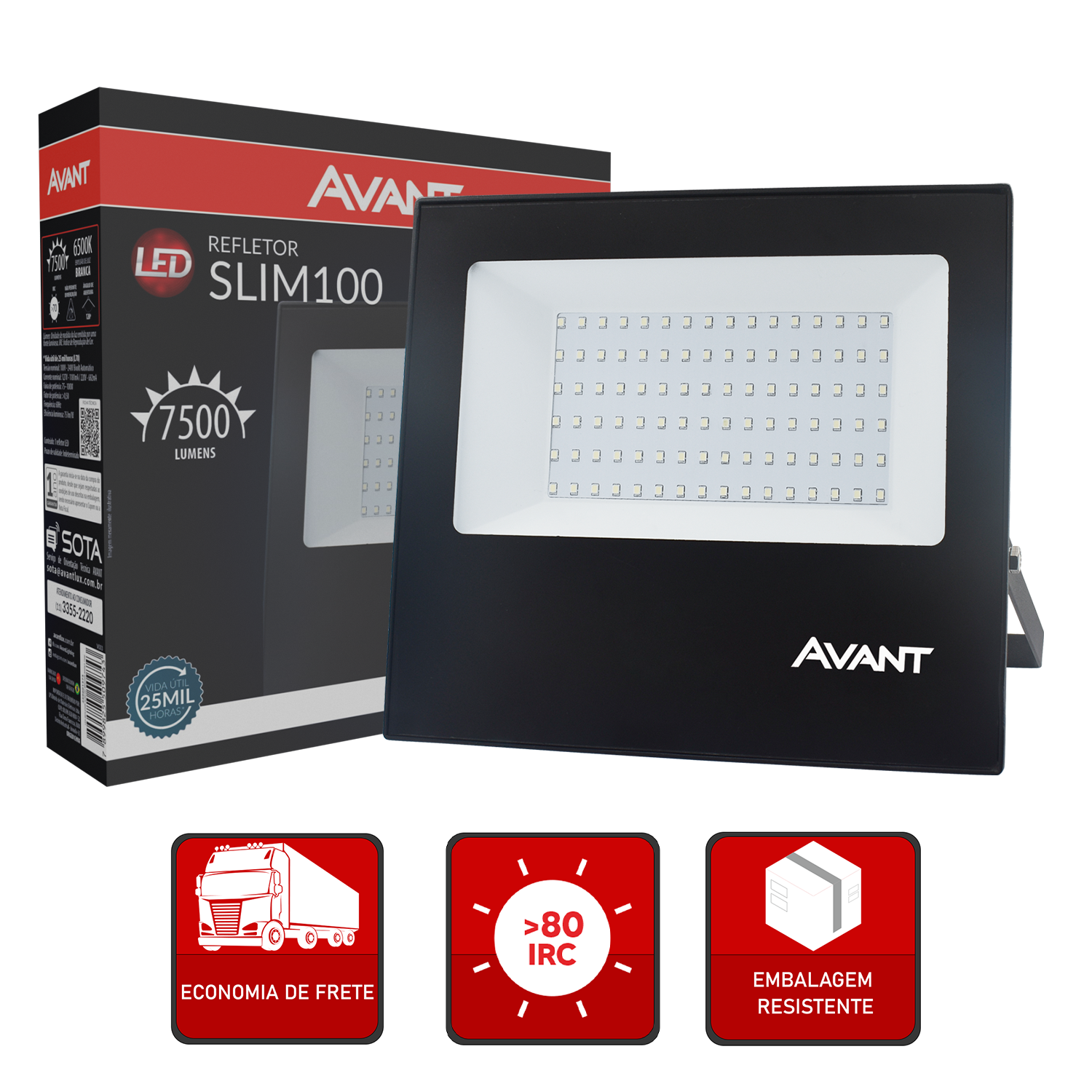 Refletor Led Slim 100w 6500k Branco Frio Bivolt IP66 Preto Avant