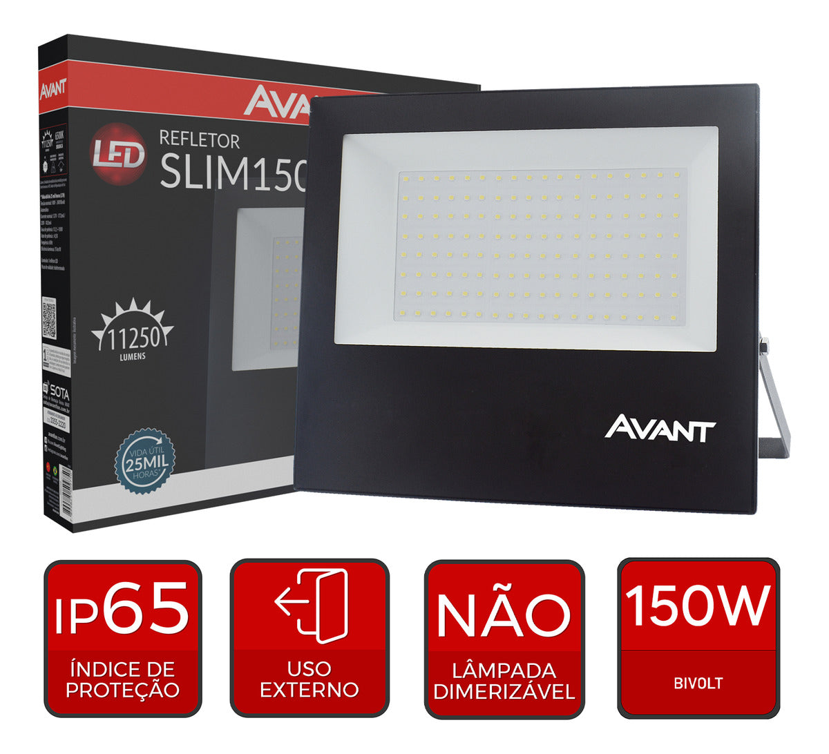 Refletor Slim 150W 6500k Branco Frio Bivolt IP66 Preto Avant