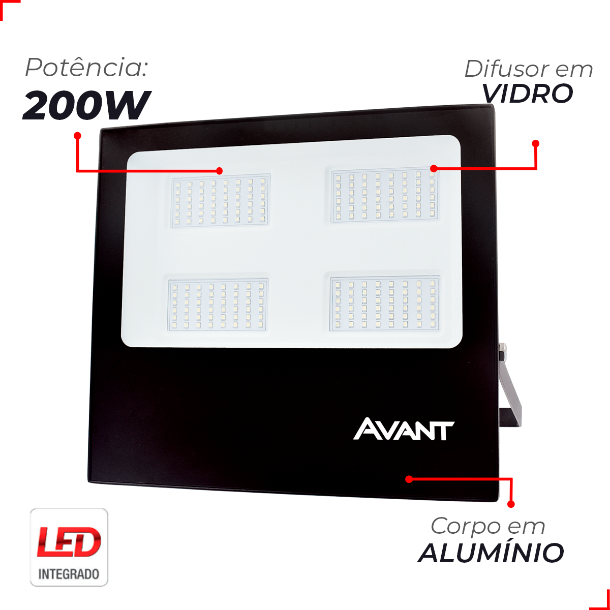 Refletor Slim 200W 6500k Branco Frio IP66 Bivolt Preto Avant