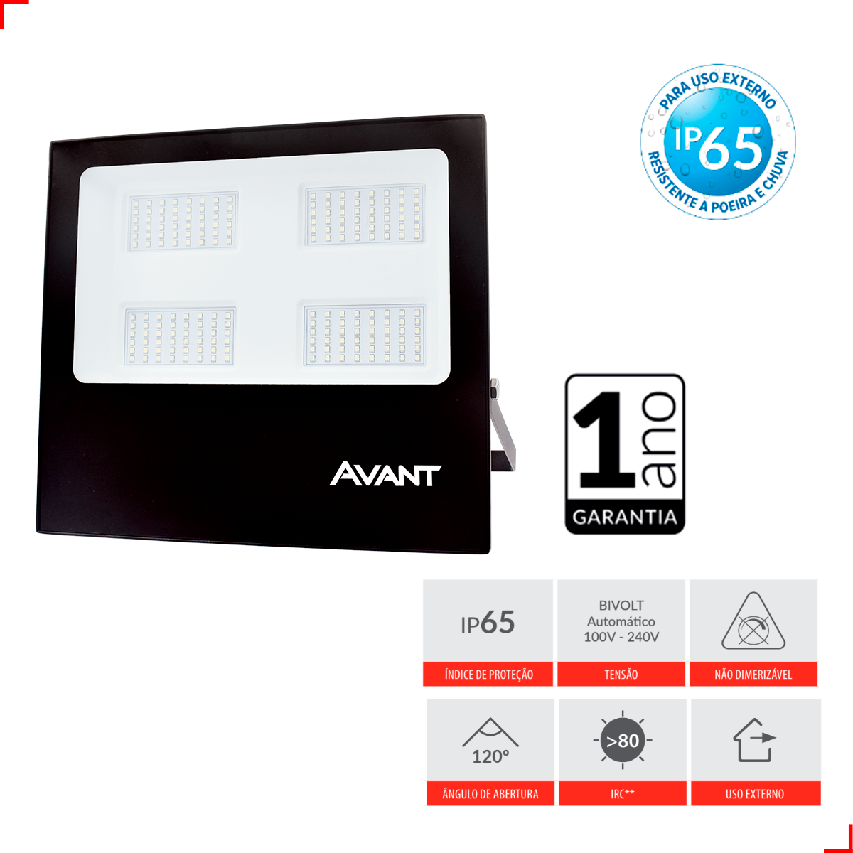 Refletor Slim 200W 6500k Branco Frio IP66 Bivolt Preto Avant