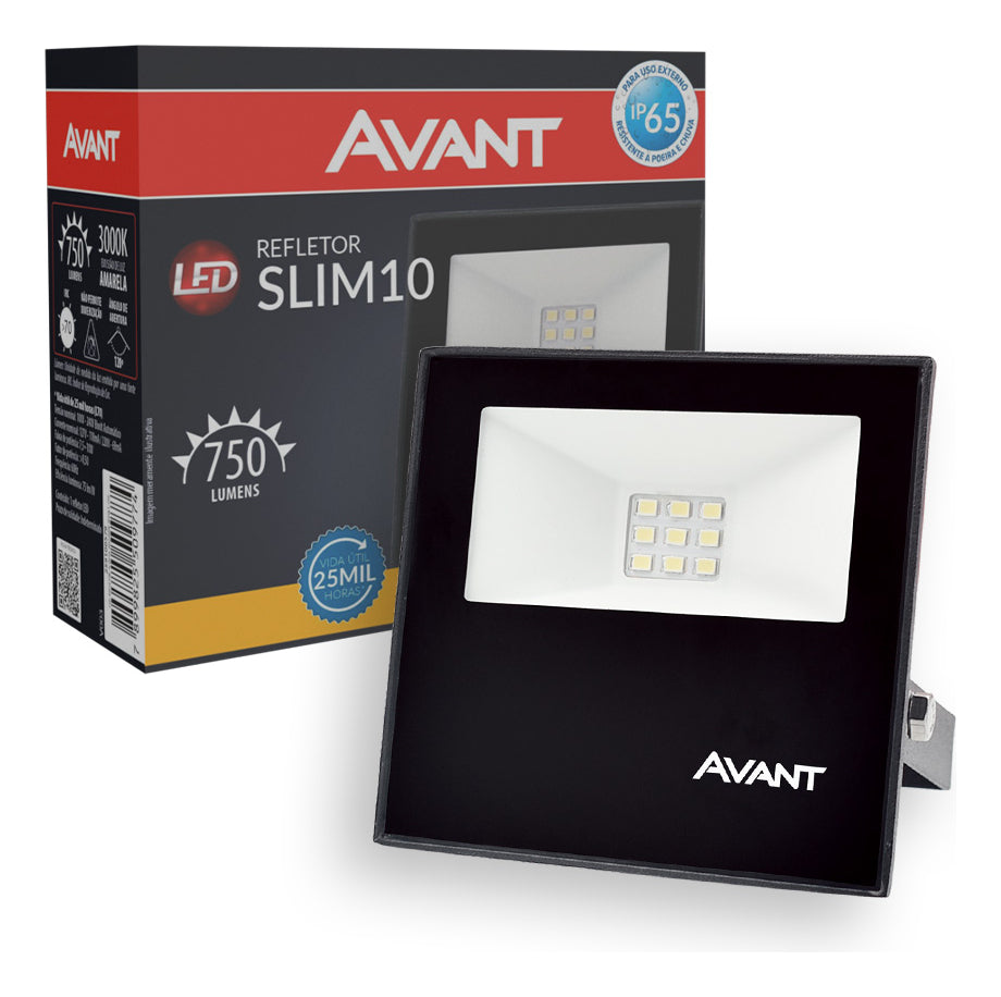 Refletor Slim 10W 3000k Branco Quente Bivolt IP66 Preto Avant