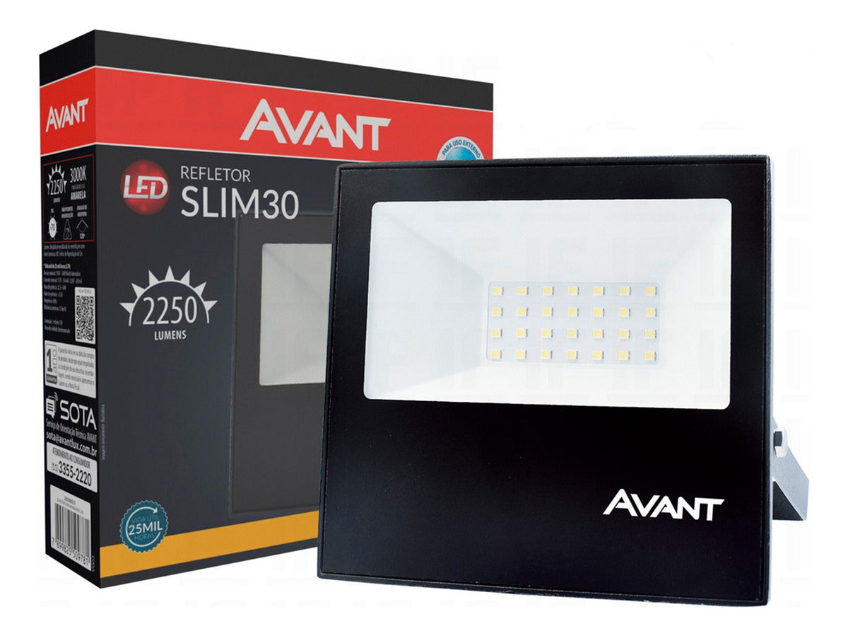 Refletor Slim 30W 3000k Branco Quente Bivolt IP66 Preto Avant