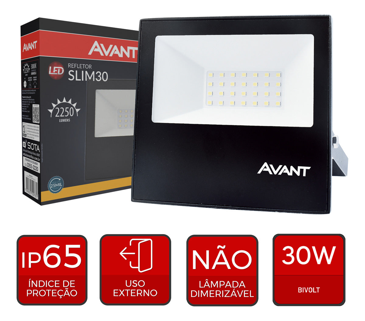 Refletor Slim 30W 3000k Branco Quente Bivolt IP66 Preto Avant
