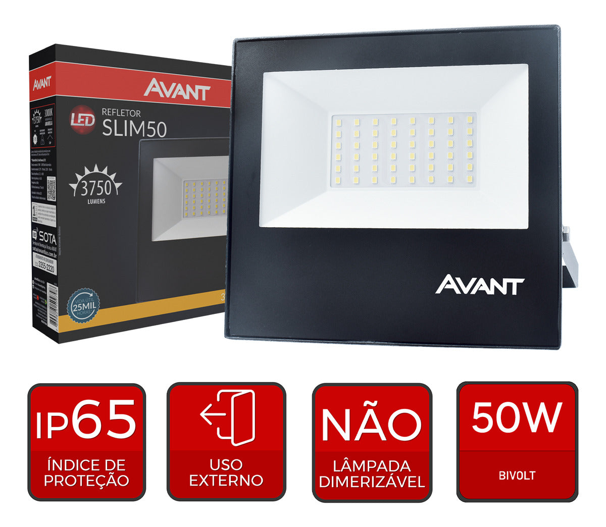 Refletor Slim 50W 3000k Branco Quente IP66 Bivolt Preto Avant
