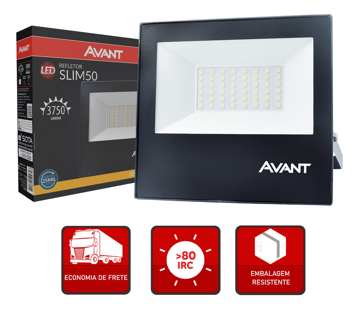 Refletor Slim 50W 3000k Branco Quente IP66 Bivolt Preto Avant