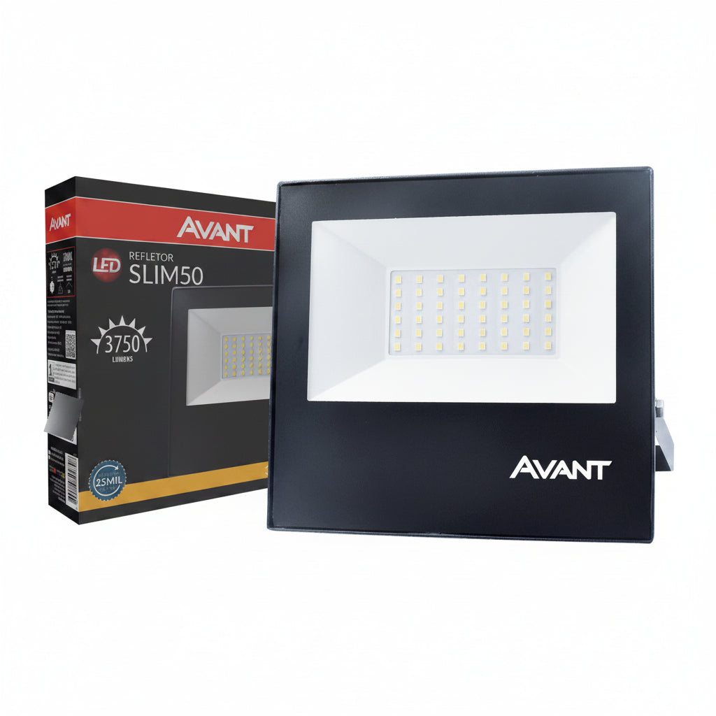 Refletor Slim 50W 3000k Branco Quente IP66 Bivolt Preto Avant