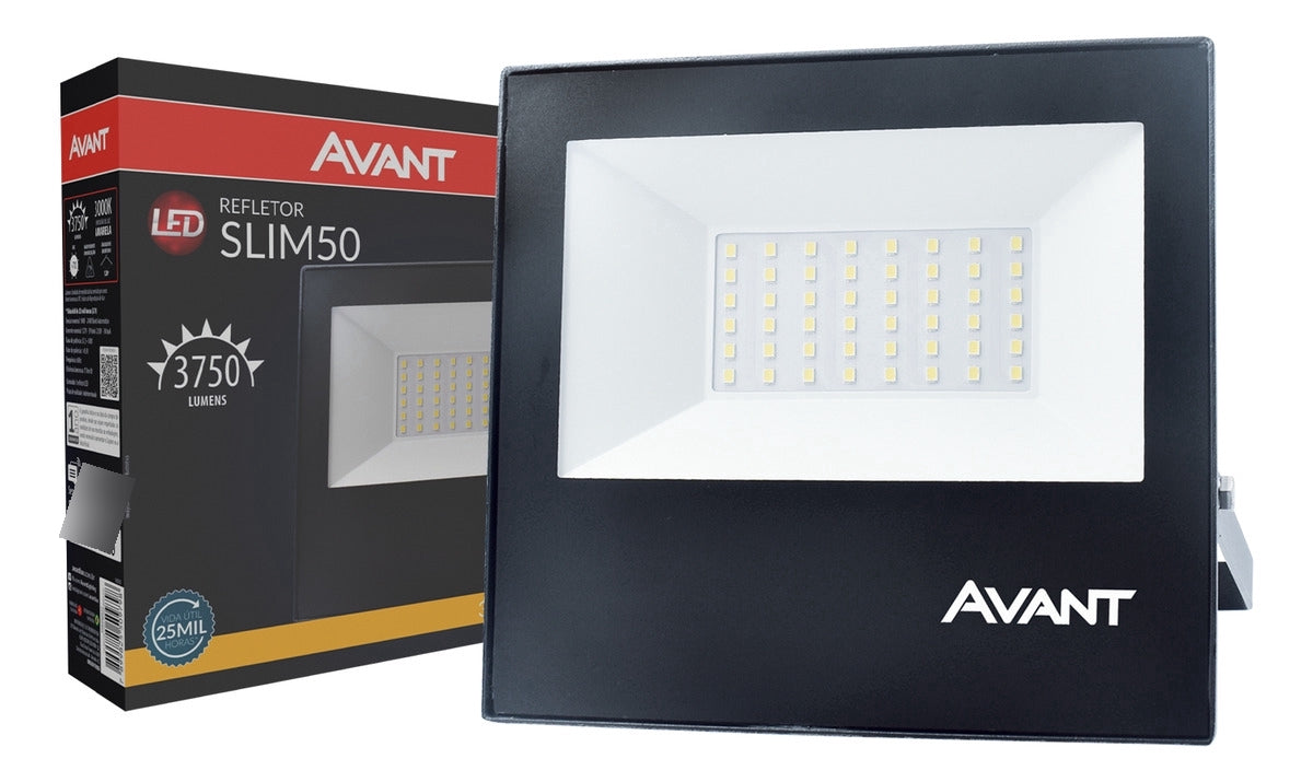 Refletor Slim 50W 3000k Branco Quente IP66 Bivolt Preto Avant