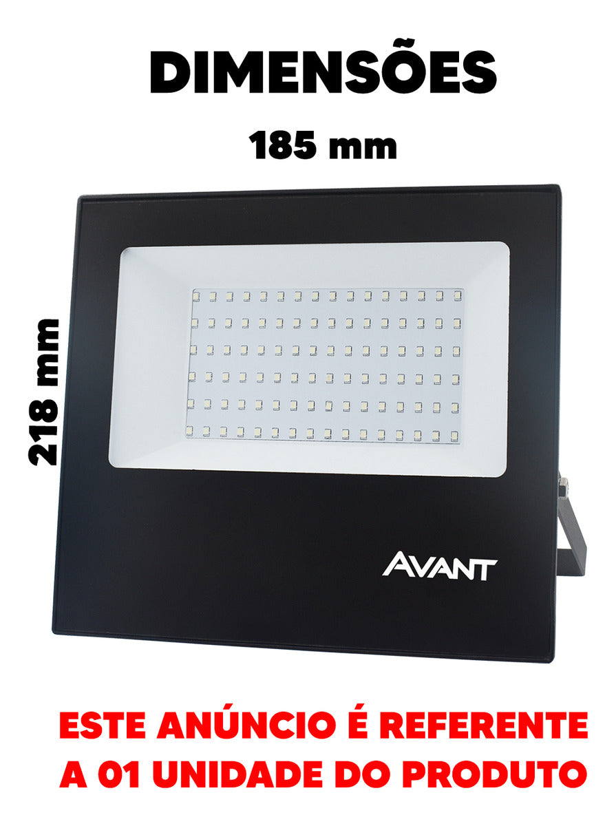 Refletor Slim 100W 3000k Branco Quente IP66 Bivolt Preto Avant