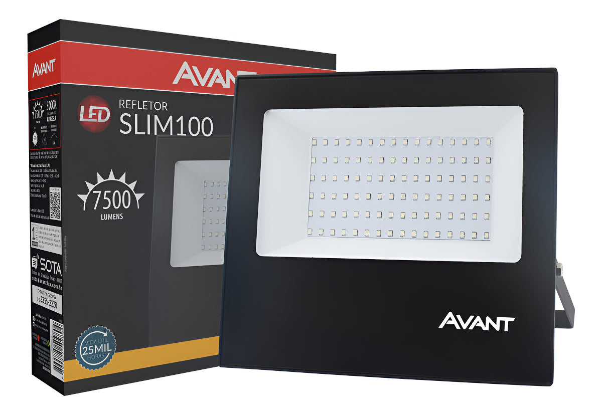 Refletor Slim 100W 3000k Branco Quente IP66 Bivolt Preto Avant