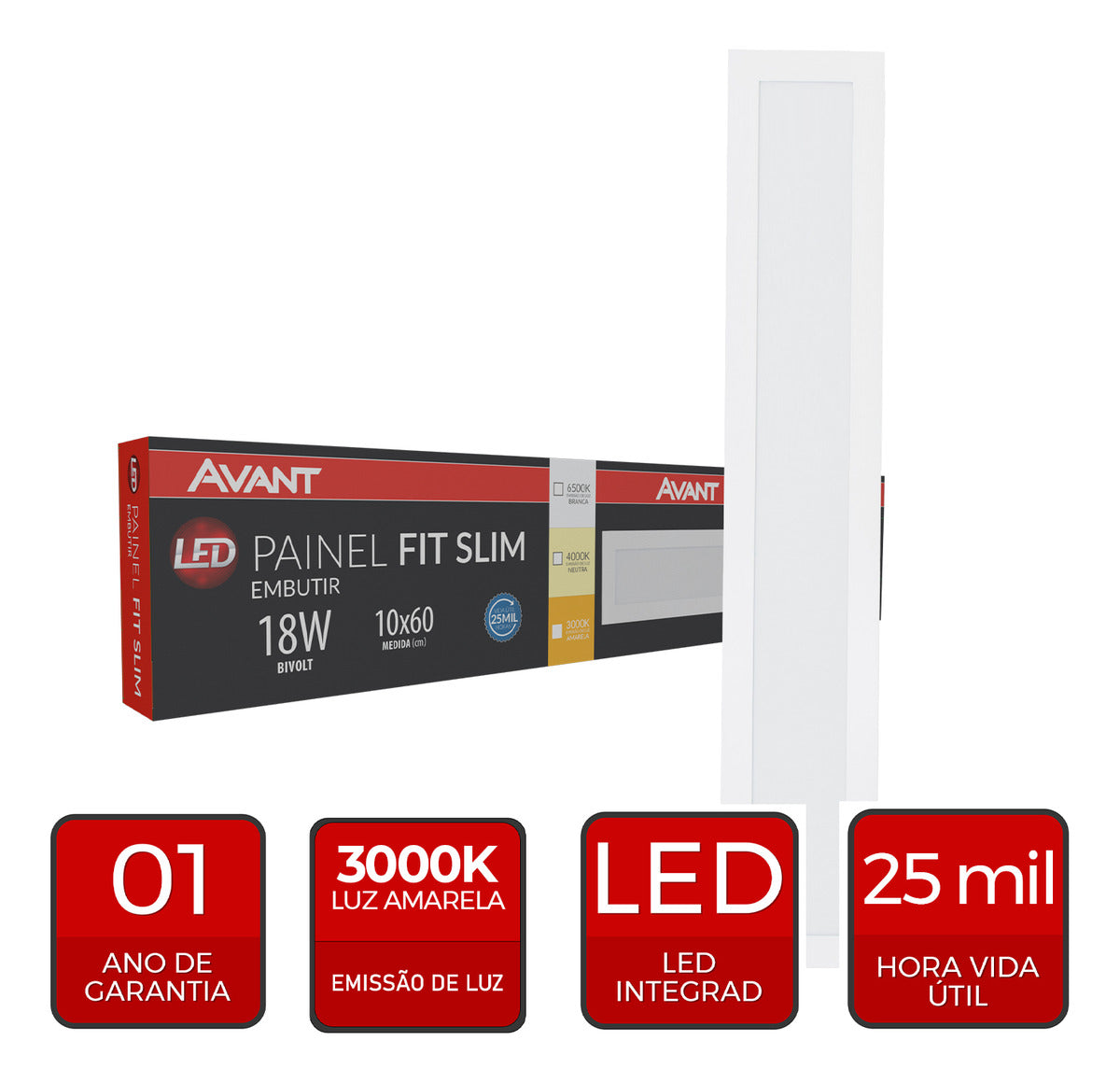 Painel Led Fit Slim Embutir 60cm 18w 3000k, 4000k ou 6500k 110v/220v Branco Avant