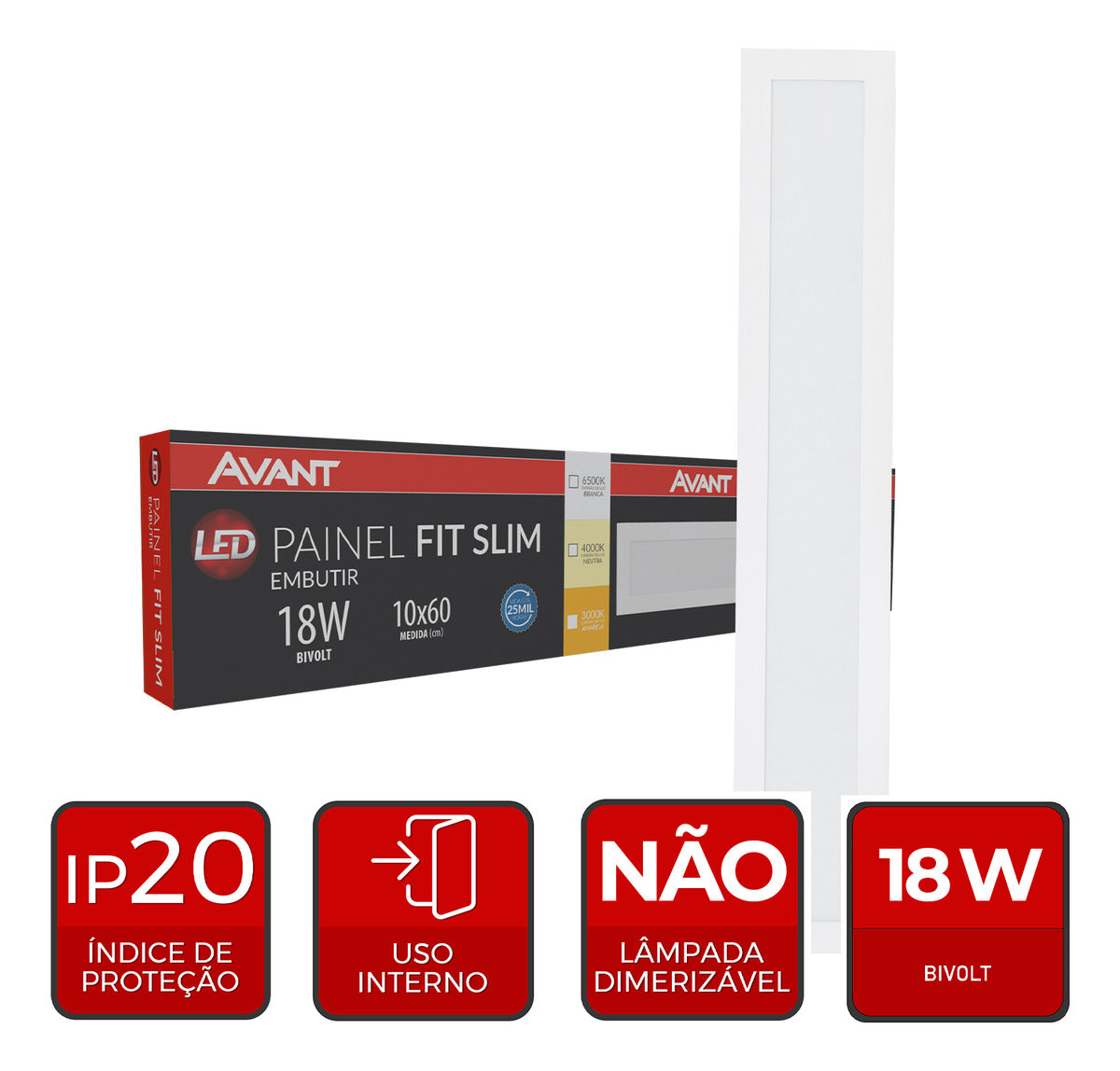 Painel Led Fit Slim Embutir 60cm 18w 3000k, 4000k ou 6500k 110v/220v Branco Avant