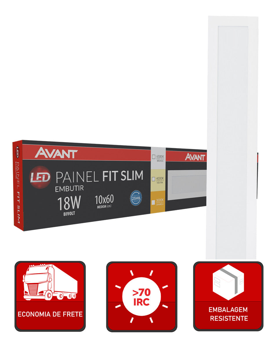Painel Led Fit Slim Embutir 60cm 18w 3000k, 4000k ou 6500k 110v/220v Branco Avant
