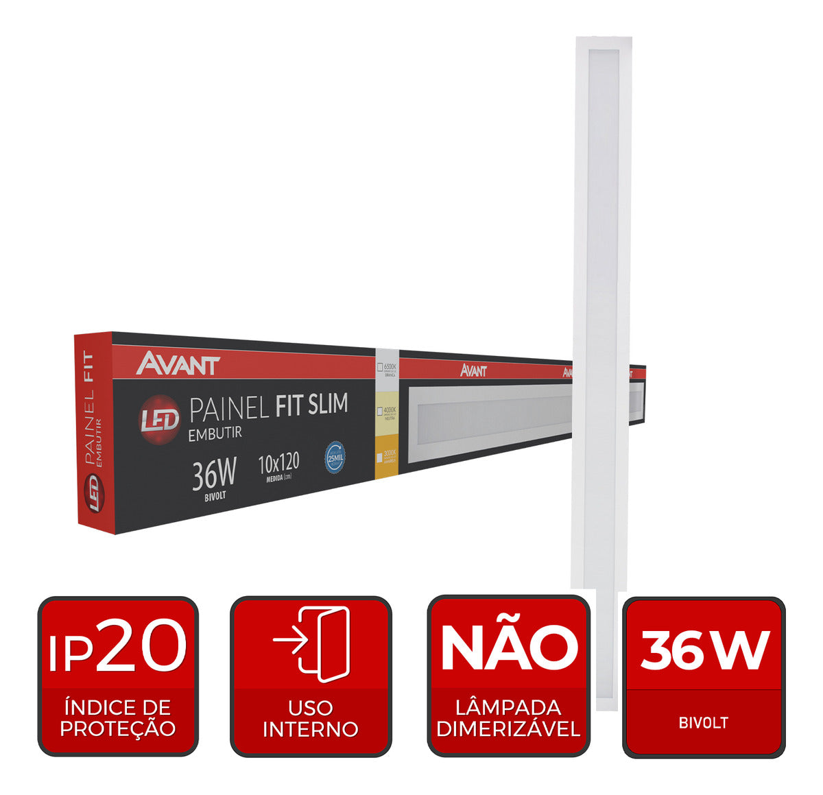 Painel led Plafon Fit Slim Embutir 36w 3000k Branco Quente 120cm 110v/220v Bivolt Ip20 Bastão Branco Cod:490210570 Avant