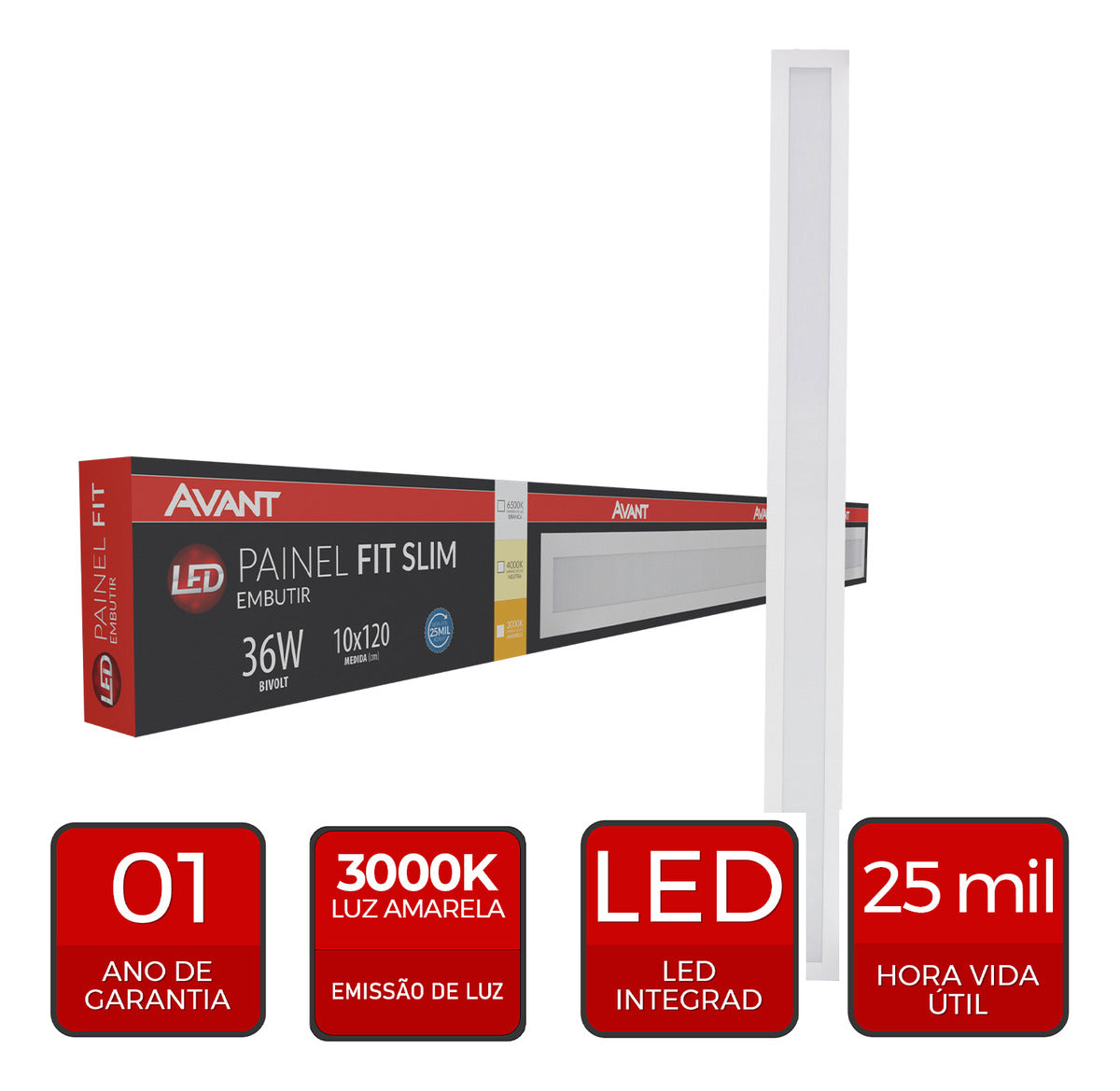 Painel led Plafon Fit Slim Embutir 36w 3000k Branco Quente 120cm 110v/220v Bivolt Ip20 Bastão Branco Cod:490210570 Avant