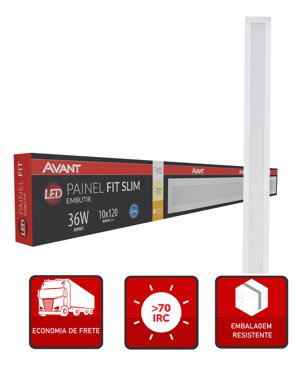 Painel led Plafon Fit Slim Embutir 36w 3000k Branco Quente 120cm 110v/220v Bivolt Ip20 Bastão Branco Cod:490210570 Avant
