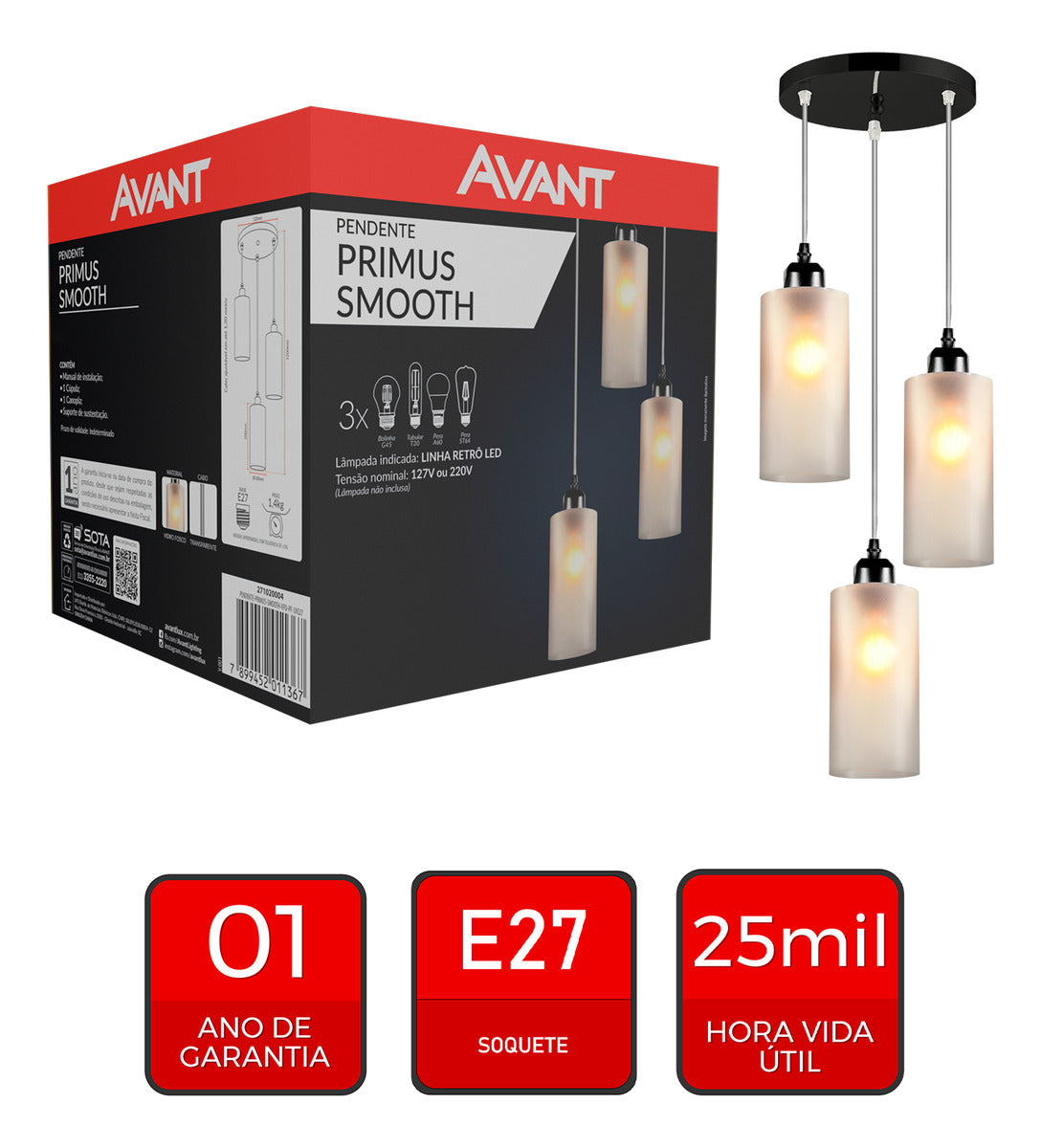 Pendente Led Primus Smooth 3xE27 Preto IP20 Avant