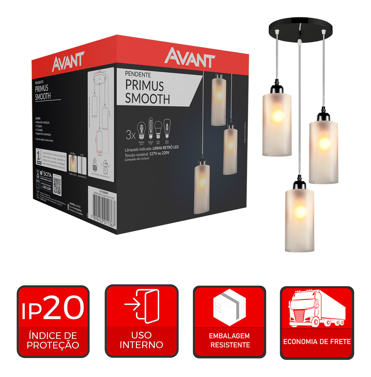 Pendente Led Primus Smooth 3xE27 Preto IP20 Avant