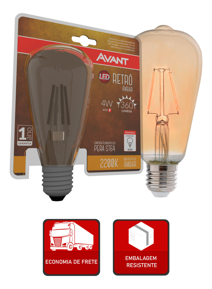 Lampada Led Pera Retro ST64 4w 2200k Branco Quente E27 127v Avant