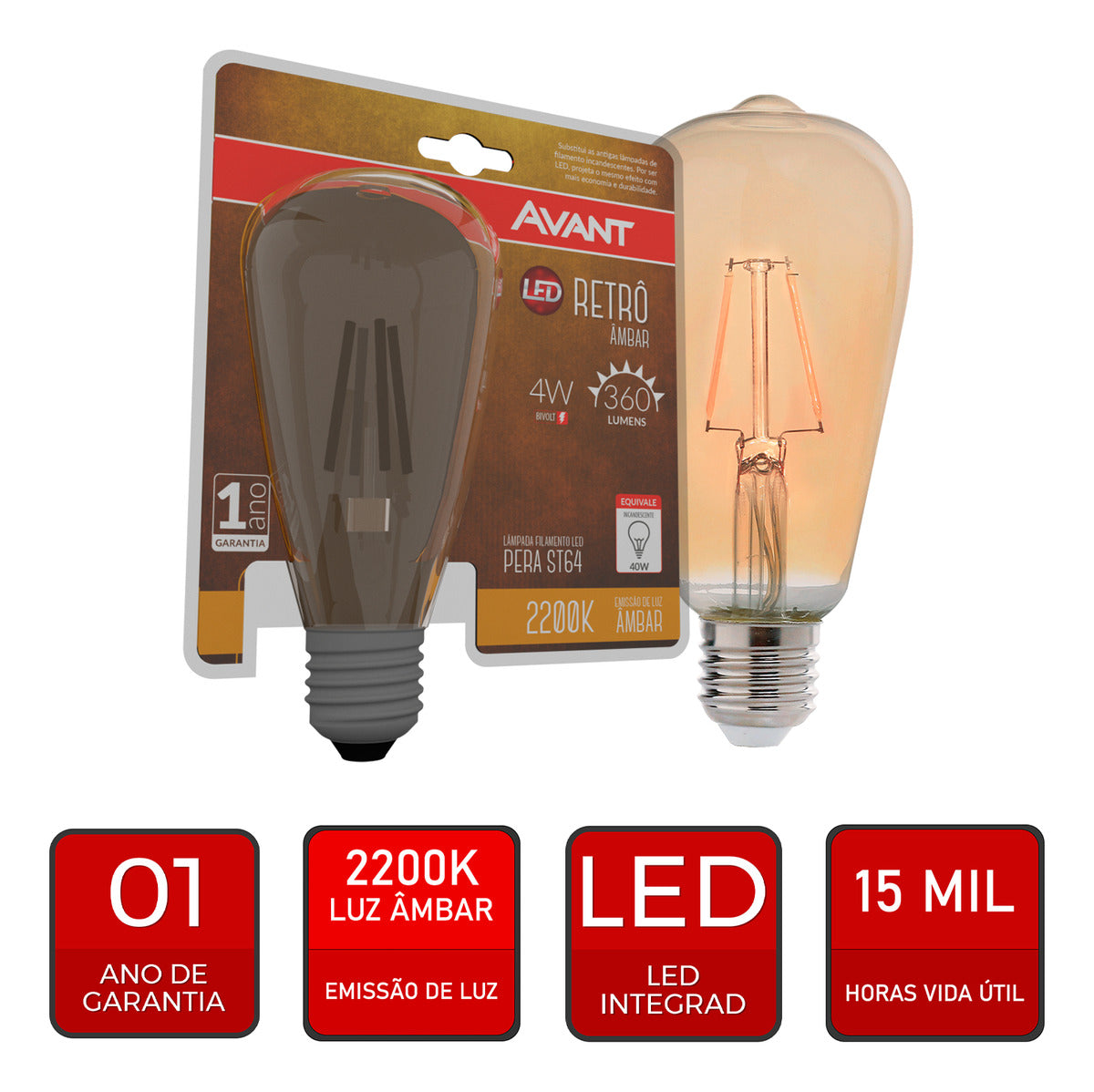 Lampada Led Pera Retro ST64 4w 2200k Branco Quente E27 127v Avant