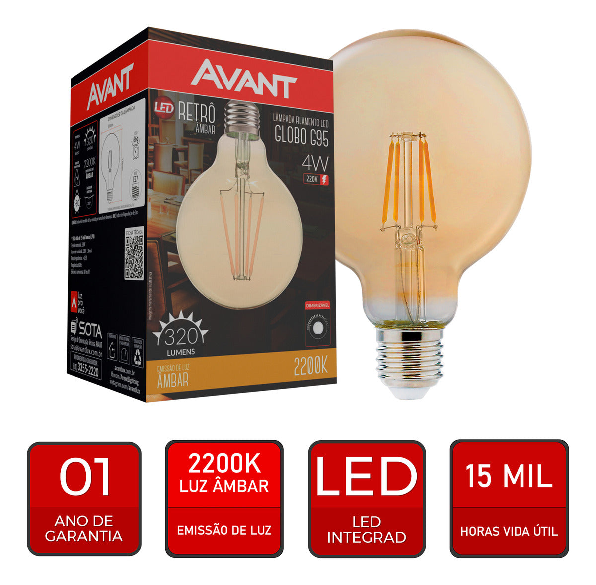 Lampada Led Retro G95 4w 2200k 220v Dimerizável Avant