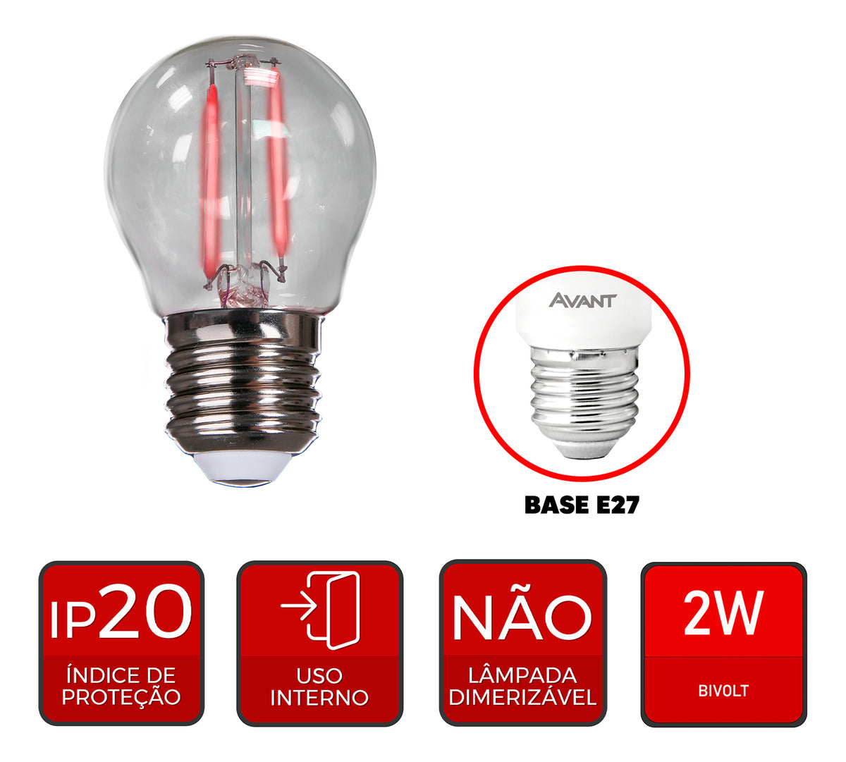 Lâmpada Filamento Led Bolinha Luz Vermelha 4w E27 Bivolt Branco Avant