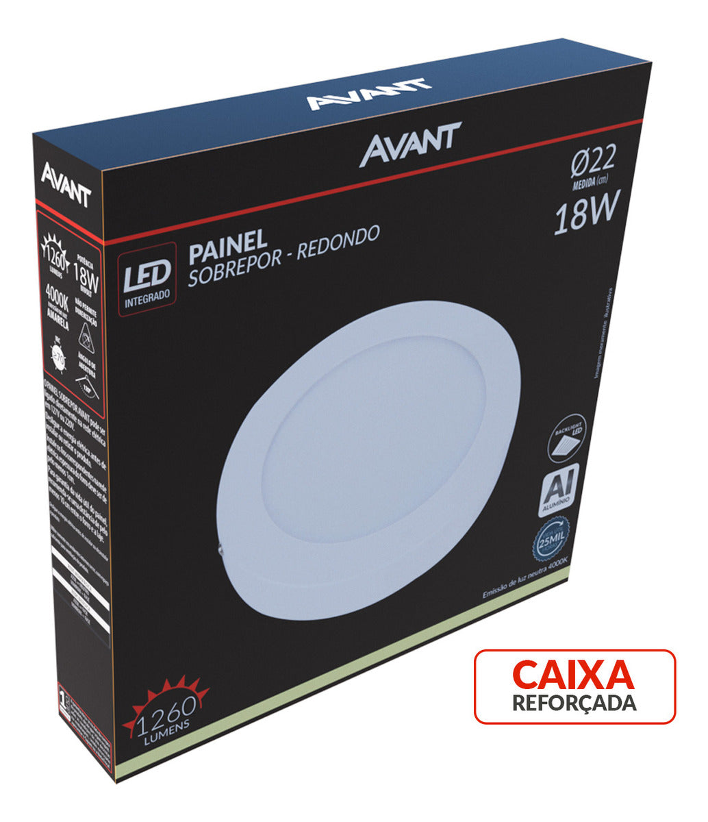 Painel Alumínio Sobrepor 18W 4000k Branco Neutro 22cm Bivolt Redondo Avant