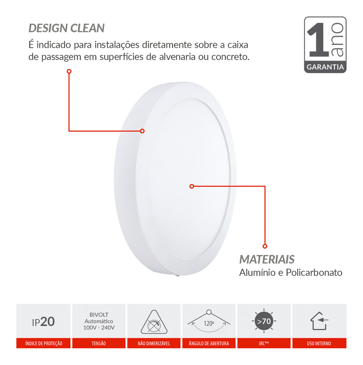 Painel Alumínio Sobrepor 24W 4000k Branco Neutro 29cm Bivolt Redondo Avant