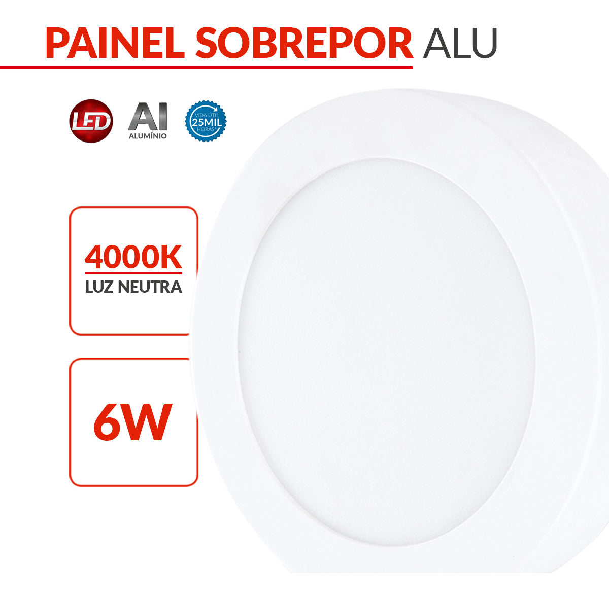 Painel Alumínio Sobrepor 6W 4000k Branco Neutro 12cm Bivolt Redondo Avant