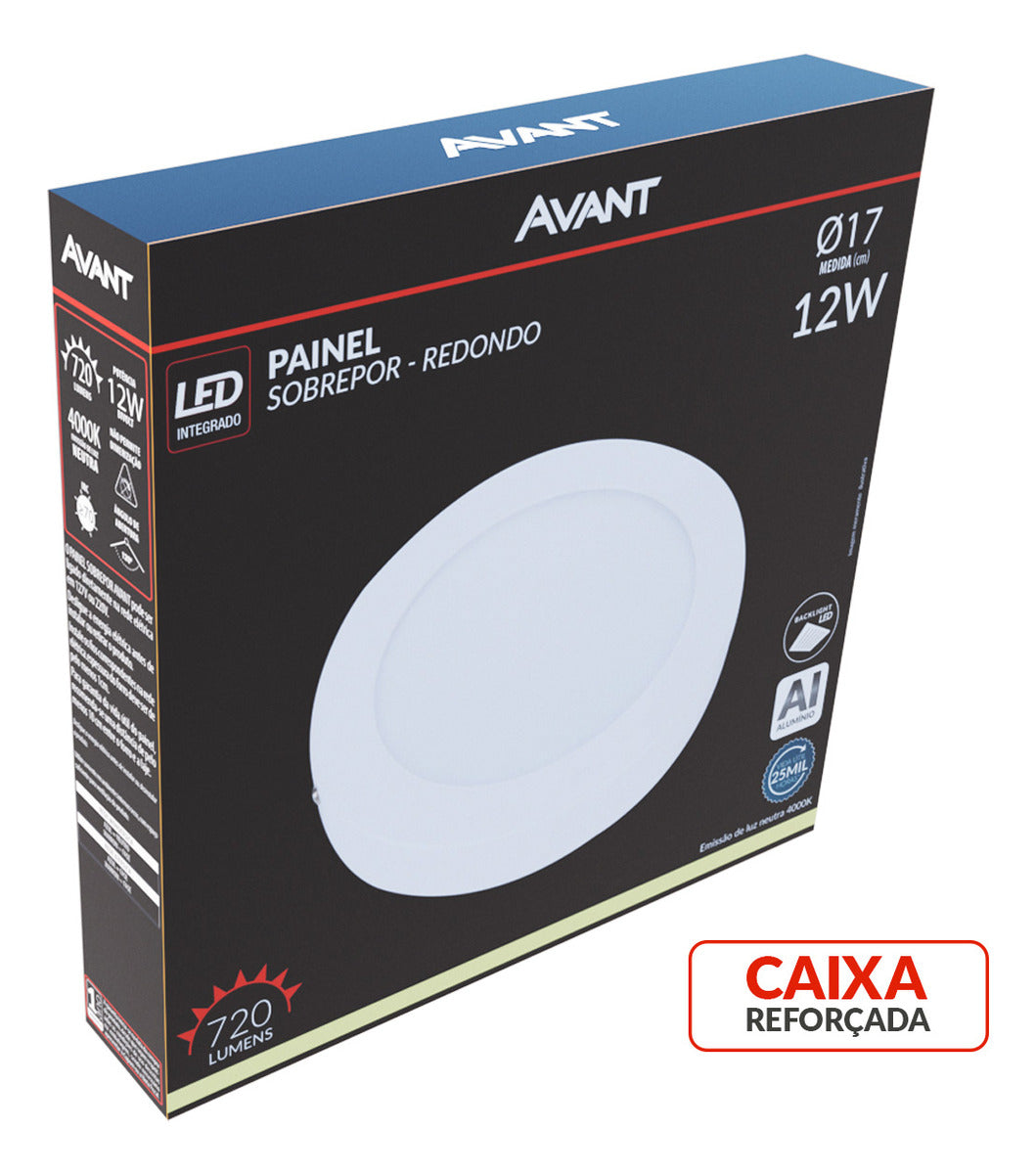 Painel Alumínio Sobrepor 12W 4000k Branco Neutro 17cm Bivolt Redondo Avant