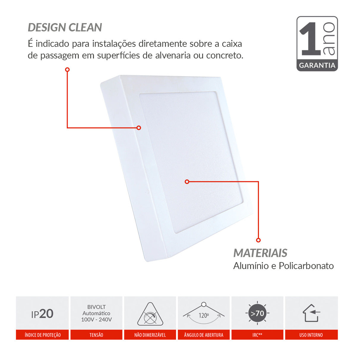 Painel Plafon Alumínio Sobrepor 6W 4000k Branco Neutro 12cm Bivolt Quadrado Avant
