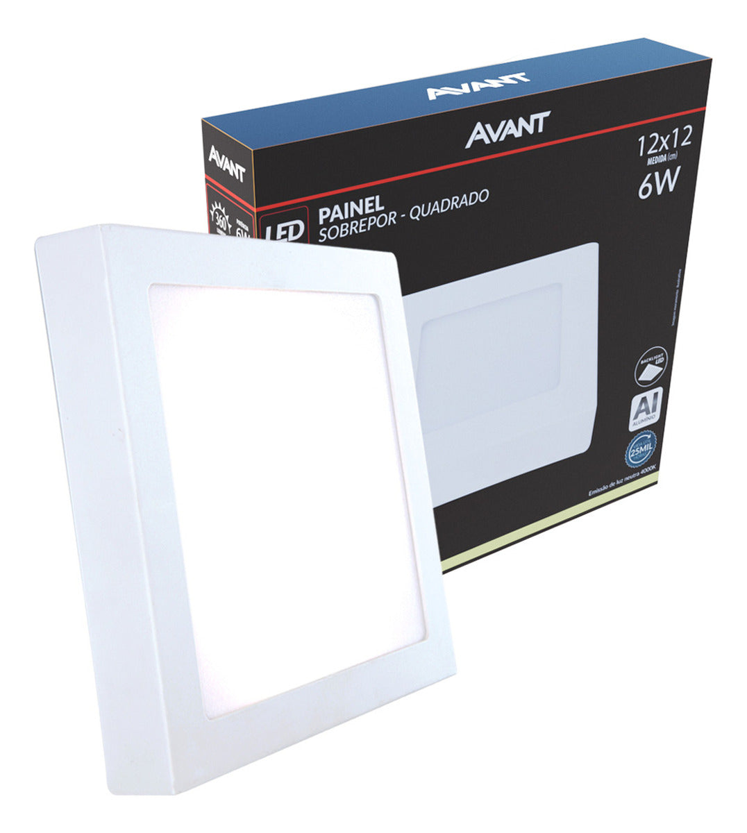 Painel Plafon Alumínio Sobrepor 6W 4000k Branco Neutro 12cm Bivolt Quadrado Avant
