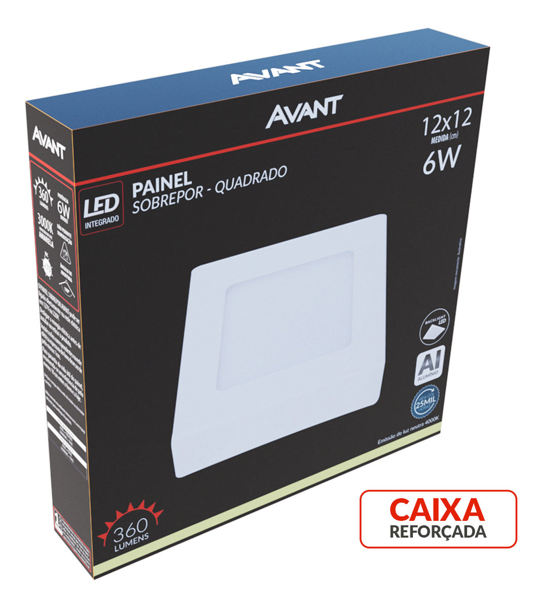 Painel Plafon Alumínio Sobrepor 6W 4000k Branco Neutro 12cm Bivolt Quadrado Avant