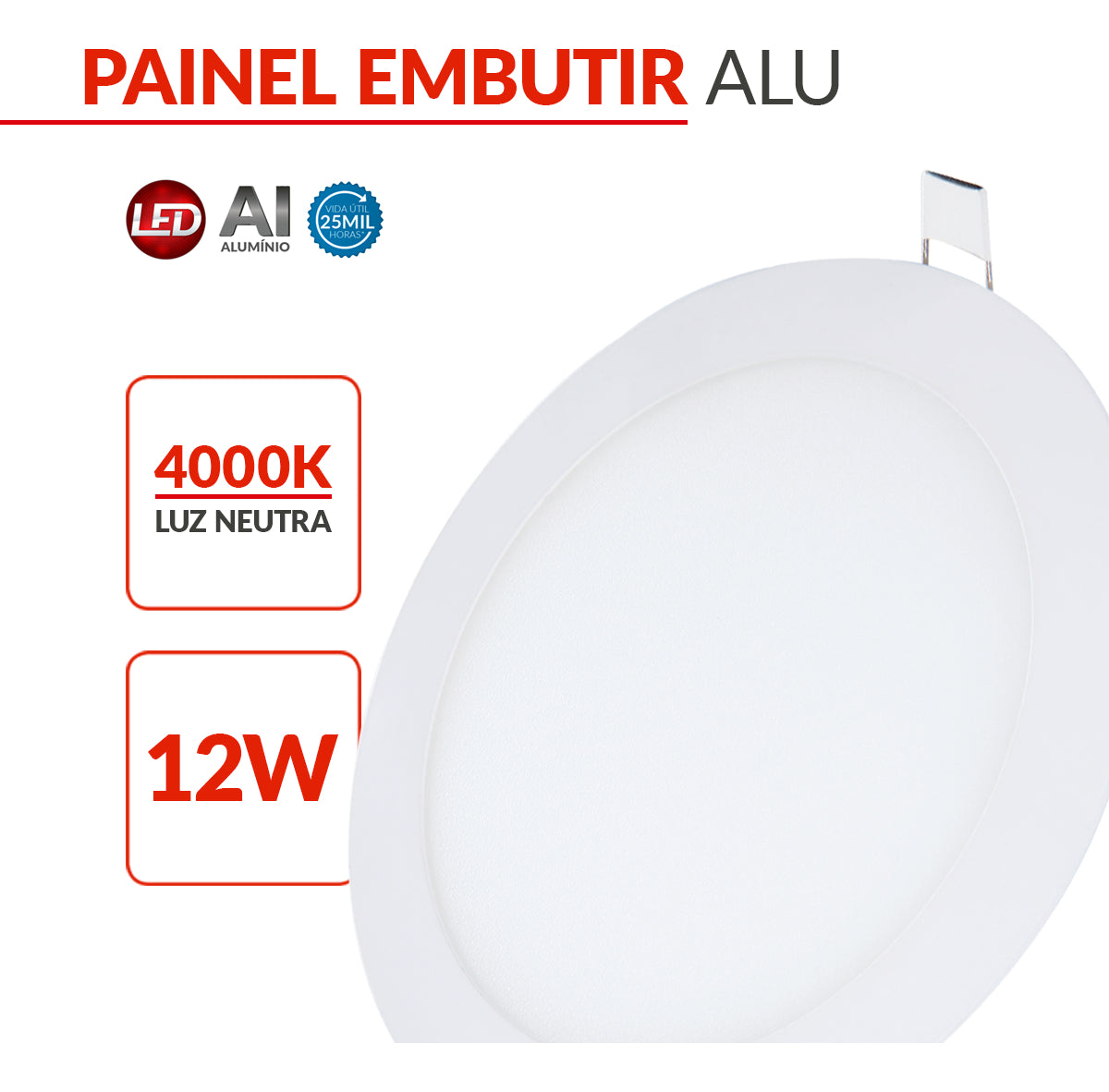 Painel Alumínio Embutir 12W 4000k Branco Neutro Bivolt 17cm Redondo Branco Avant