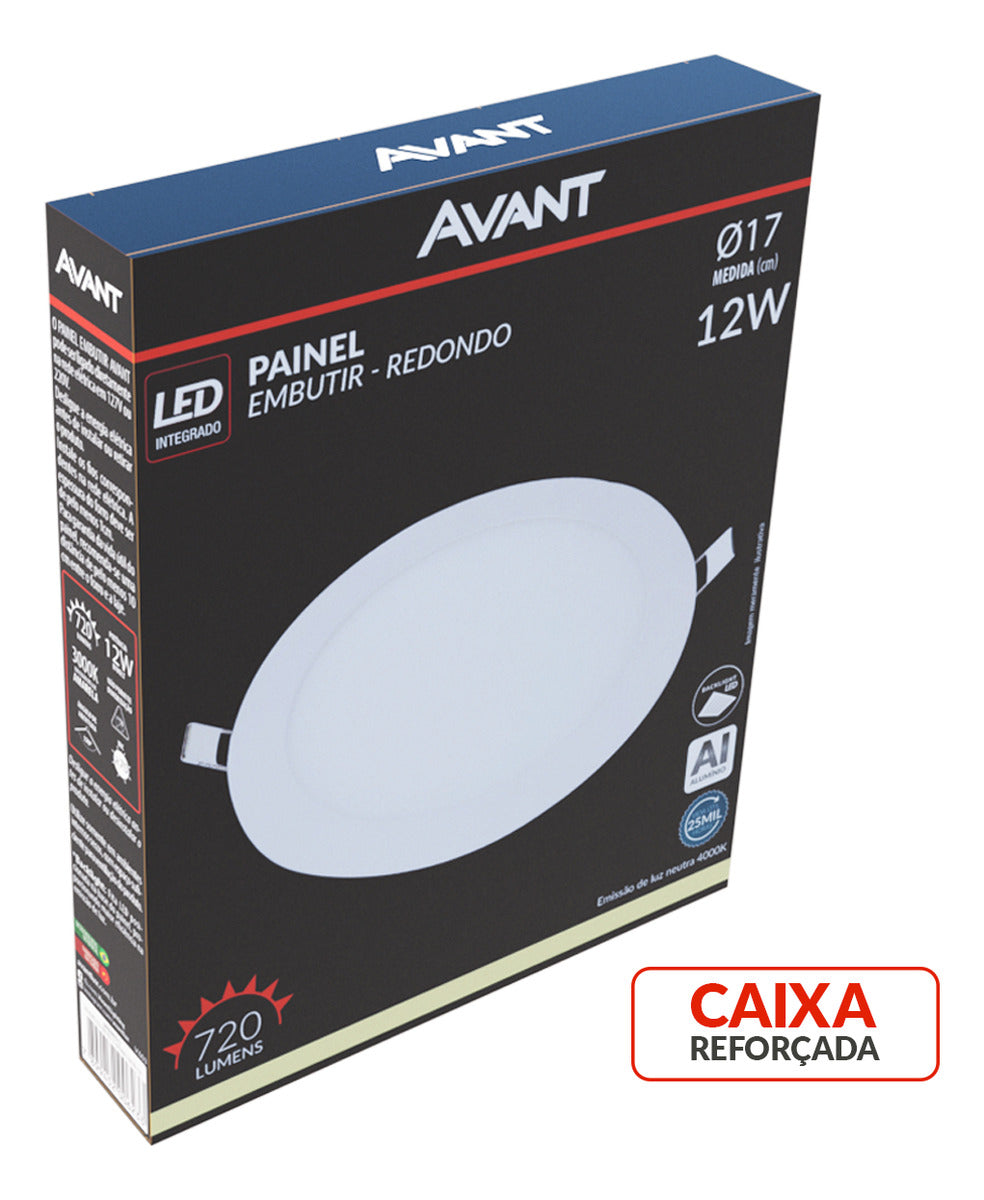 Painel Alumínio Embutir 12W 4000k Branco Neutro Bivolt 17cm Redondo Branco Avant
