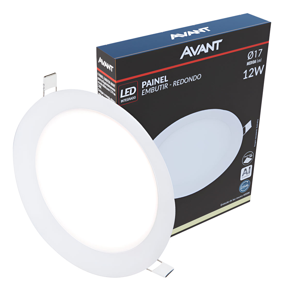 Painel Alumínio Embutir 12W 4000k Branco Neutro Bivolt 17cm Redondo Branco Avant