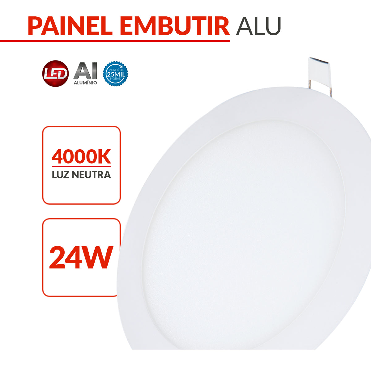 Painel Alumínio Embutir 24W 4000k Branco Neutro Bivolt 30cm Redondo Branco Avant